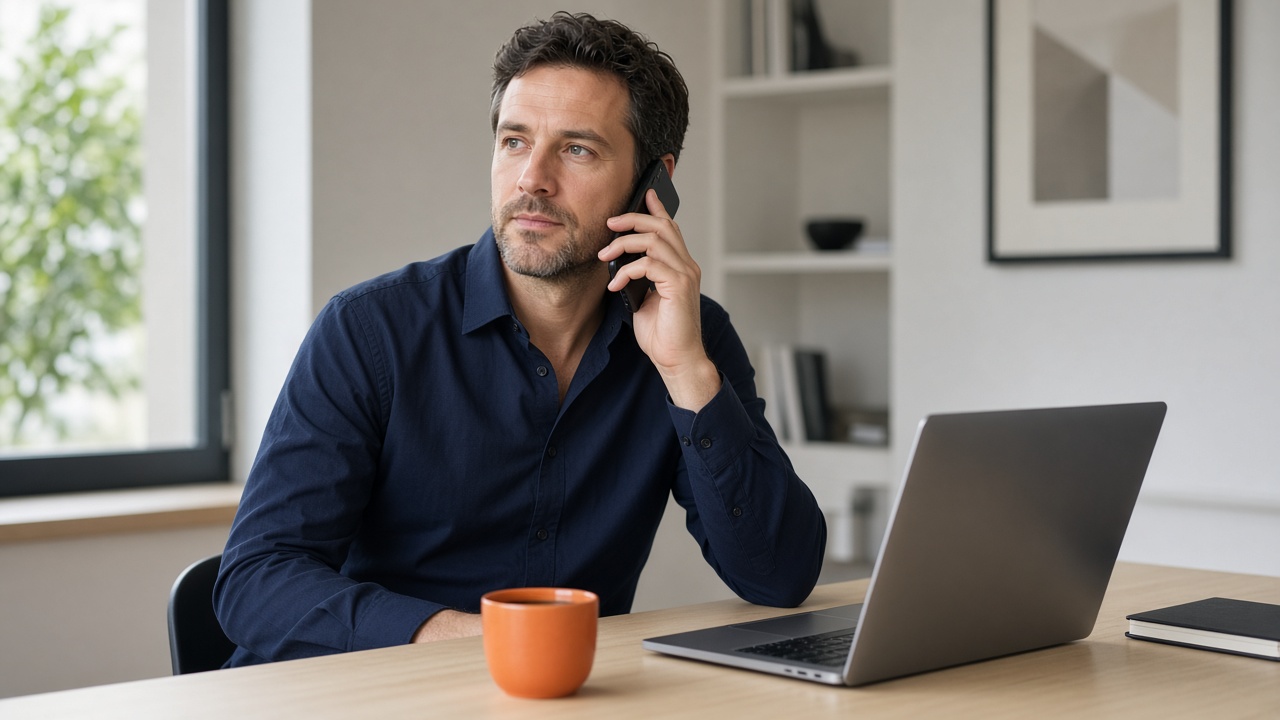 A man on a phone call at a desk with a laptop and a cup.