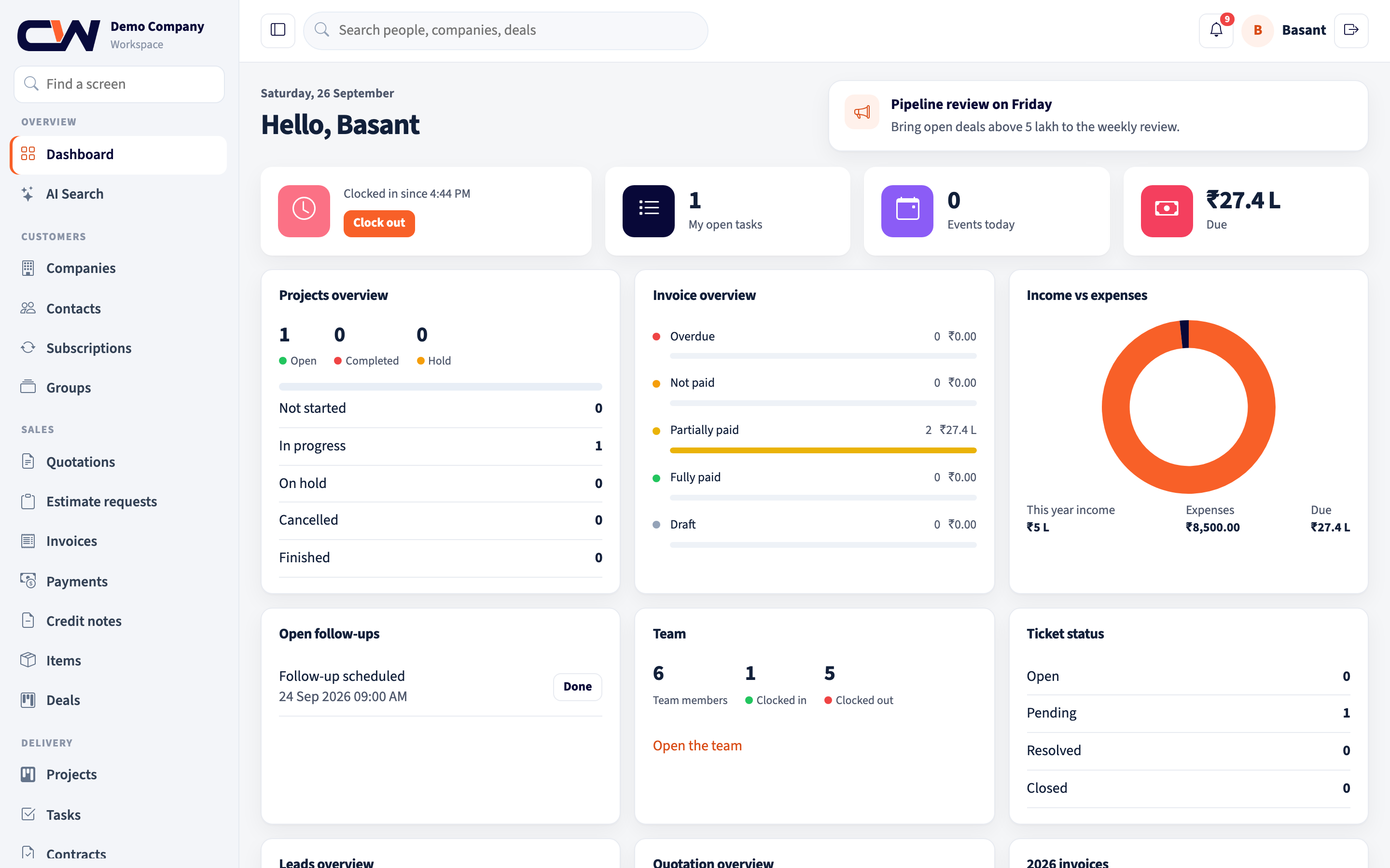 CRM OS dashboard for Demo Company with open tasks, dues, projects, invoices, and income.
