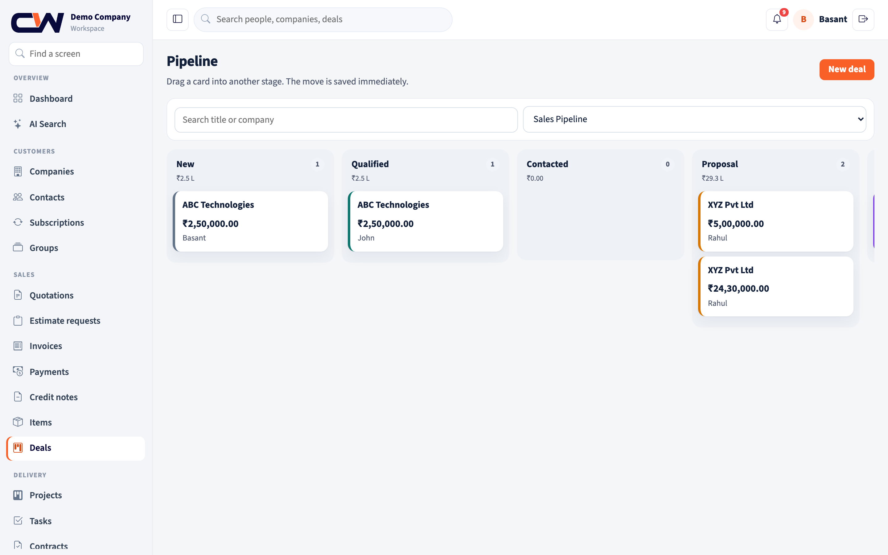 CRM OS deal pipeline with cards in New, Qualified, and Proposal stages.
