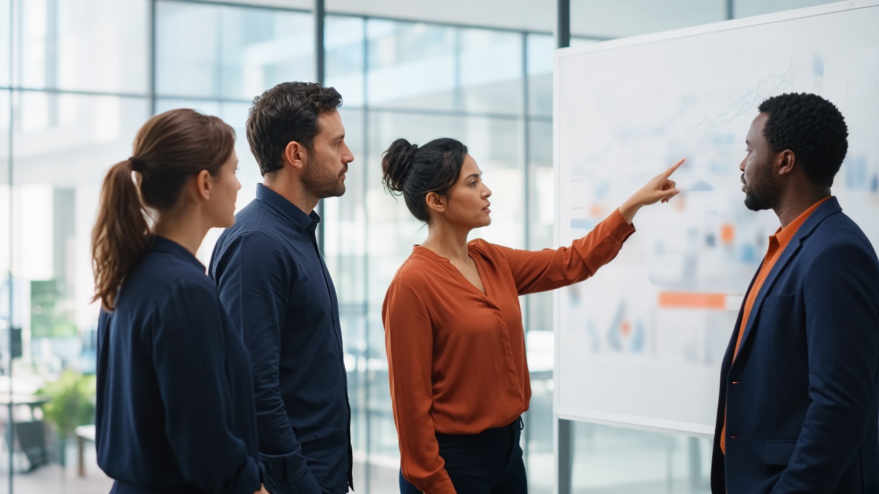 Four colleagues in a glass office, one pointing at a chart on a whiteboard.