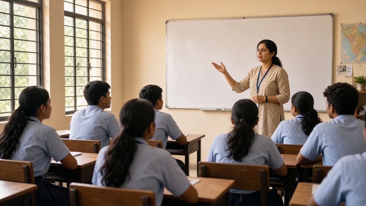 A teacher at the whiteboard with students seated in a classroom.