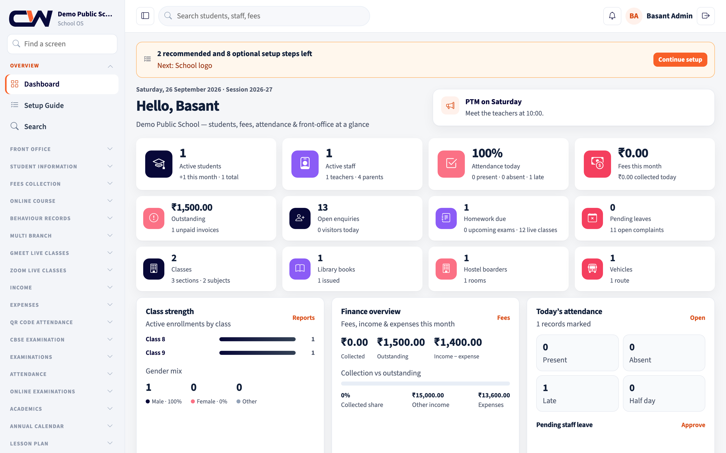 School OS dashboard with student, staff, attendance, and fee cards for a demo school.