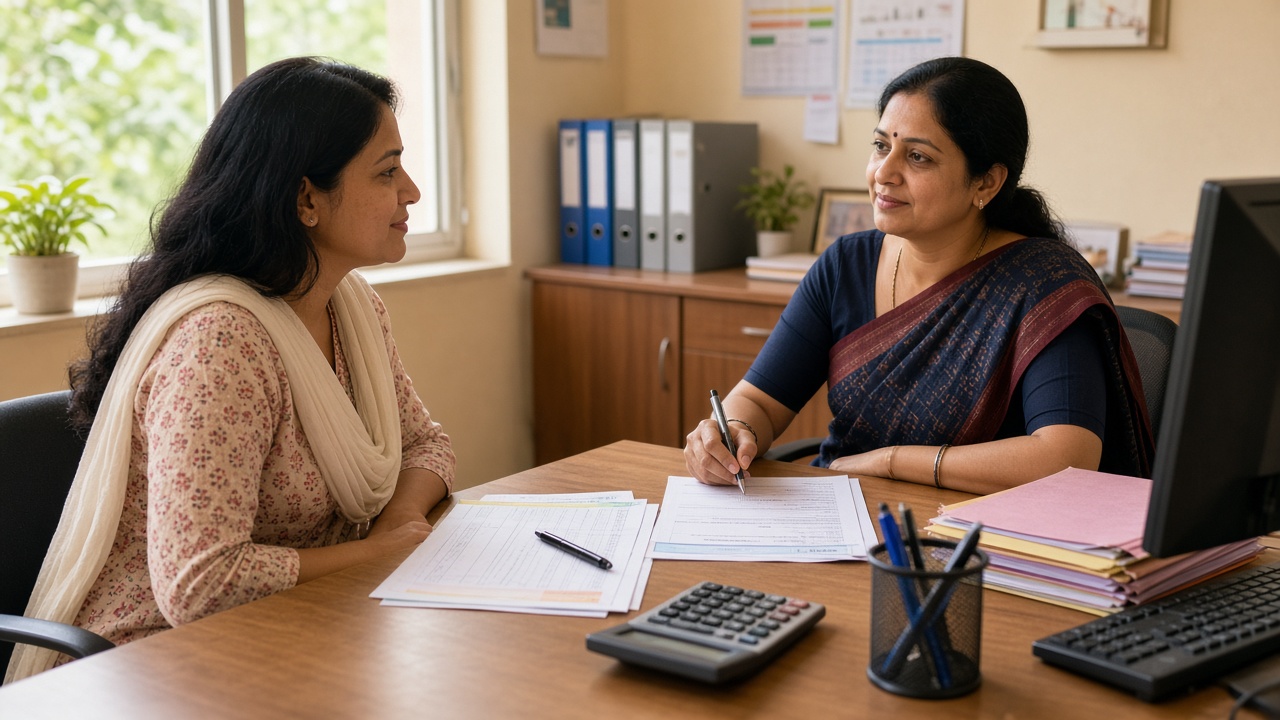 A school accountant reviewing a fee sheet with a parent at the office desk.