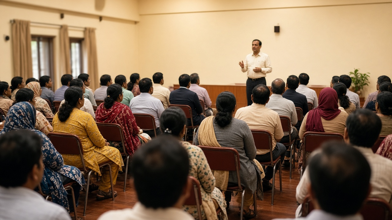 A principal speaking to parents seated in a school hall.
