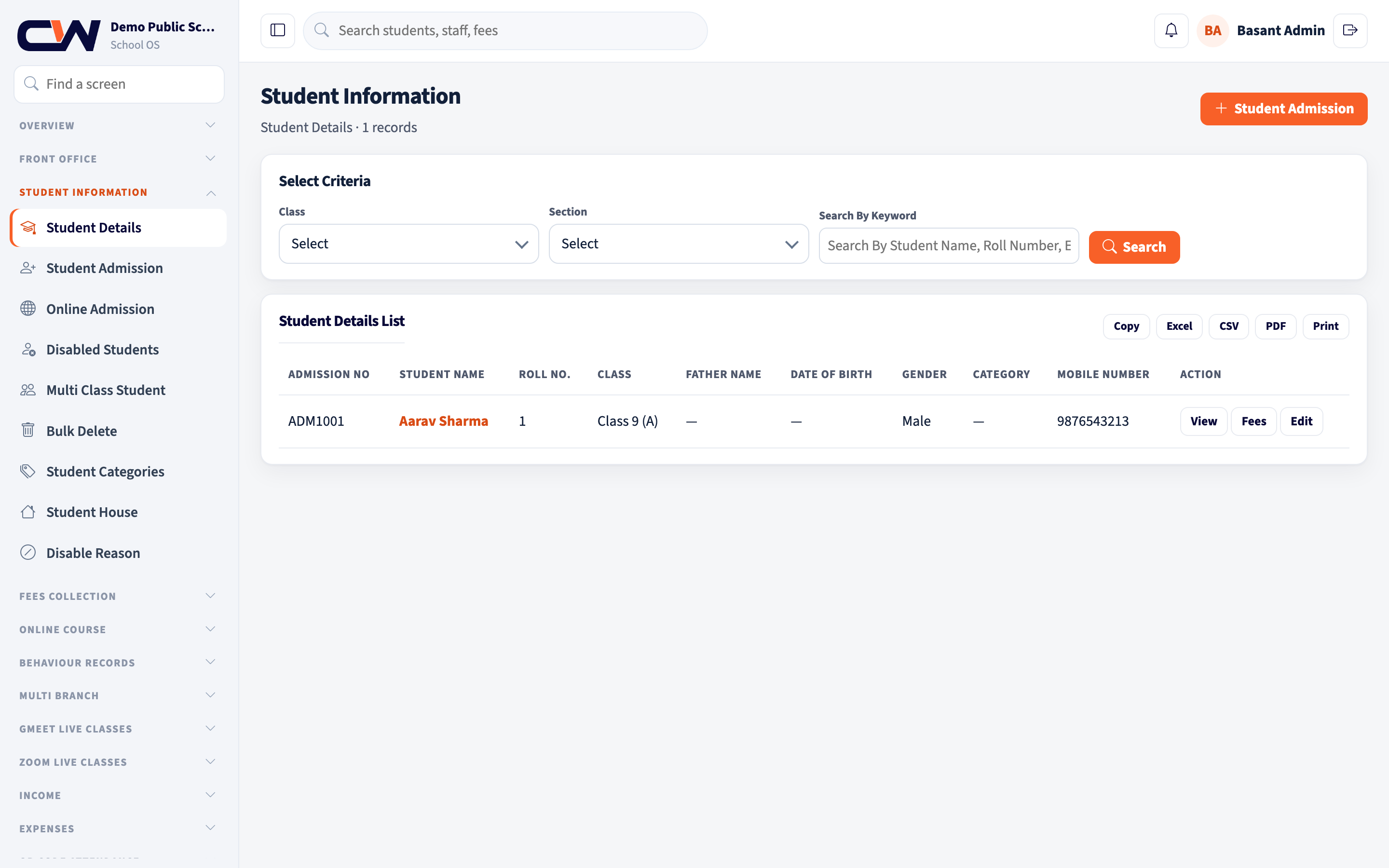 School OS student list with class and section filters and one student record.